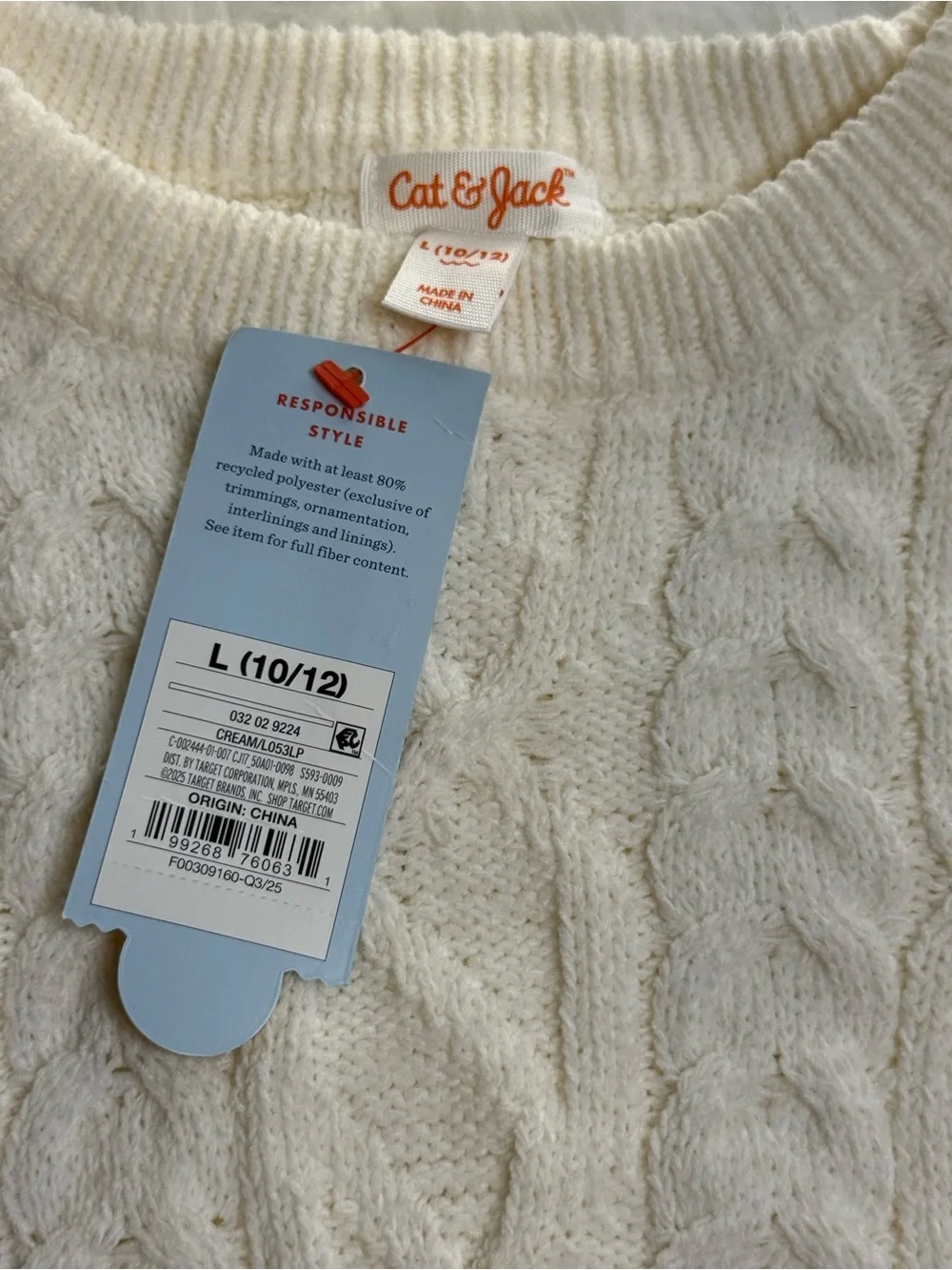 Cat & Jack Girls Cream Cable Knit Sweater Size 10 /12